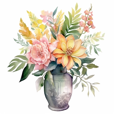watercolor painting of flower bouquet in a vase with leaves, clipart, french style, various flowers, soft Whimsical enchanting color, ultrarealistic, fantasy artwork, cute and dreamy, softly organic, high details, isolated on white background, different composition