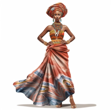 Hyperrealistic beautiful full figure ethnic dressed african beauty lady, ethnic african dress, perfect eyes,perfect face,perfect mouth and teeth,full body,cute and colorful,full body, clipart, hd, white background