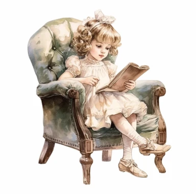 victorian vintage adorable little girl reading book on a vintage chair, full body, pastel beige colors, clipart style, watercolor technique, super high quality, professional watercolor clipart, high resolution, 8k
