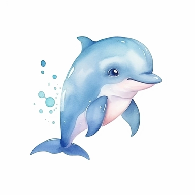 a cute baby dolphin with kind eyes clipart with watercolor illustration,full body shot,8k,etsy style, white background
