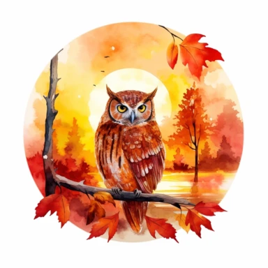 Draw a watercolor-style clipart of a Screech Owl perched on a branch of an autumnal maple tree, with a backdrop of a spectacular sunset. The warm autumn colors of red, orange, and gold should be reflected in the owl's eyes and plumage. Use the fluidity and blending properties of watercolor to create a serene and calming picture