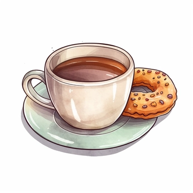 Full isolated coffee cup and donut on a plate on a white background, bolded outline clipart sticker watercolour style, bolded outline sticker, front view, isolated on a white background