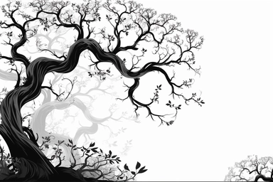 a black and white, clipart, corner frame, of illustrated, black and white, pretty and delicate, tree branches and roots