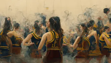 cheerleaders dance in a high school's gym full of smoke while an Albanian guy plays the cello. Inspired by Nirvana's video clip. like in a Pierre klossowski painting. 4k
