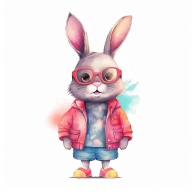 A detailed illustration of a very cute and friendly bunny with a big personality, , wearing clothes, Hand drawn watercolor clipart in the style of Nidhi Chanani on white background