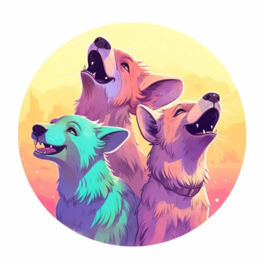 group of cute hyenas, howling at the moon in perfect harmony, their voices carrying through the night, vibrant pastels, clipart, on a white background