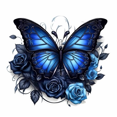 Dark fantasy blue roses butterfly Clipart, Cartoon, hyper realistic, intricate detail, illustration style, high resolution, on the white background