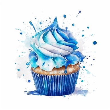blue cupcake. splashes and sparkles. white background. clipart. watercolour