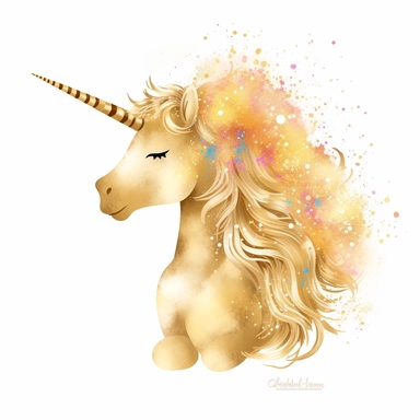 one gold glitter unicorn clipart with a rainbow an fluffy gold clouds,, white background