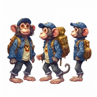 clipart Monkey with a denim backpack: Design a clipart image of a monkey wearing a denim backpack on its back. The monkey can be shown in a standing position, looking ready for an adventure or a playful journey,,multiple poses and expressions,watercolor,illustration style