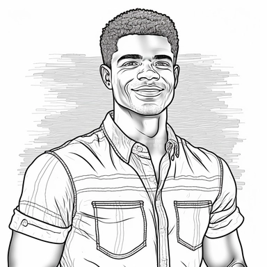 monochrome classic coloring book page of full body head to toe clipart style of smiling, handsome African American man with smooth skin no blemish, he has round detailed eyes, chiseled face with hair, hyper realistic, hyper detailed, hair is short curly clean cut, wearing a full leisure outfit, line art, 8k polished focused photography, there is no background on this image