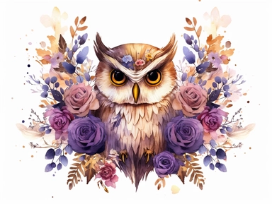 deep pruple gold watercolor Owl with flowers clipart with golden metallic line and some glitter, plain background, 8k, high resolution