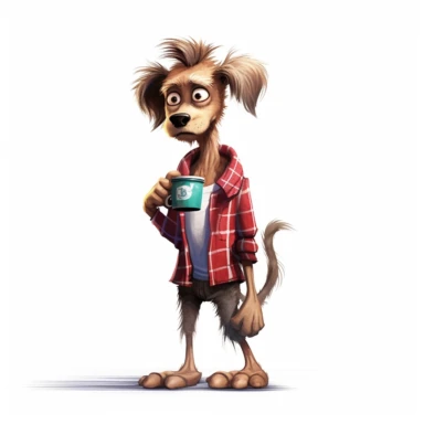 a very skinny dog with frizzed out hair, holding a mug of coffee, tired, flannel plaid pajamas, perfect placement of tail, cartoon, pixar style, full body image, clipart, white background