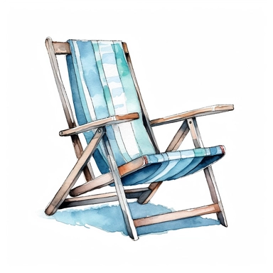 watercolor clipart illustration of a deck chair, cute, white background