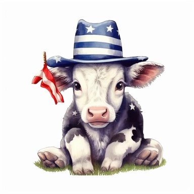 american flag day, watercolour clipart, beautiful cute calf cow wearing americam hat sitting in grass, cute, happy, realistic, cte