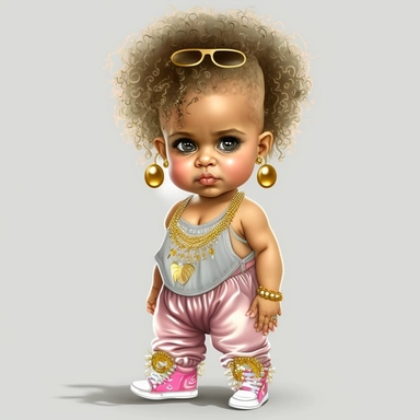 clipart, transparent background, 300dpi, baby diva girl standing, wearing baggy jeans, pink tank top, wearing really high gold high heels , big pearl white necklace, curly hair, bow clip on hair, looking cute and chic, sneakers,