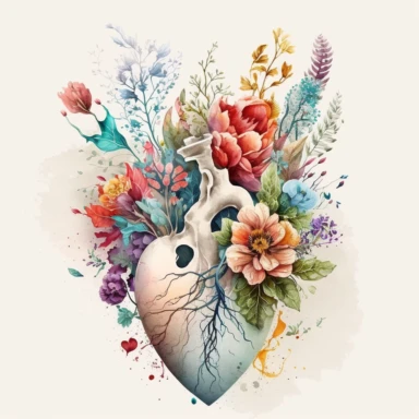 Generate a beautiful digital watercolor clipart illustrating flowers growing from a human heart, replacing the traditional vase. The art should evoke a sense of spring, with a variety of flowers in vibrant, spring-like colors. The heart from which the flowers grow should be detailed and realistic, adding a touch of whimsy and symbolism to the piece. The flowers should bloom from the realistic heart, they should bloom and be beautiful. A lot of flowers, spring vibes.