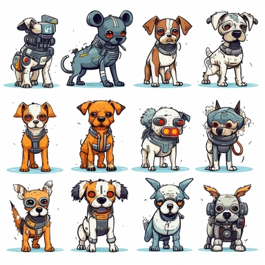 adorable simple cyberpunk dog breeds clipart, white background, adobe illustrator vector