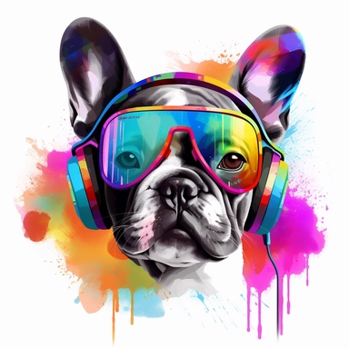 french bulldog, transparent backround,clipart,4k hd, ,headphone,sunglasses, really really colorful