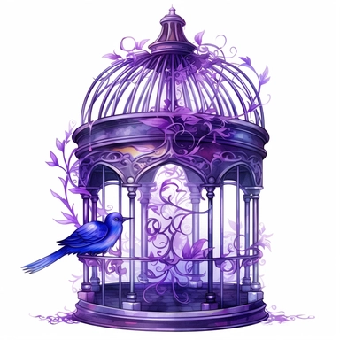 purple highly detailed watercolor clipart, charming birdcage in vibrant colors, fantasy, highly detailed, fantasy cartoon illustration, different shades of purple, whimsical, UHD, 8K, 3D, solid white background