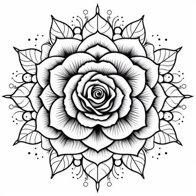 rose mandala. no shading. lines and dots. black. simple. clipart. white background
