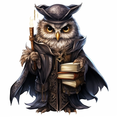 Hand drawn Vintage Wizard Owl with books, full body, no background, watercolor, witchcraft, magical mystery art, cartoon style, very detailed, 8k, clipart, no shadow, single design, print on demand image, PNG transparent, white background for removing background - - no text shadow font watermark
