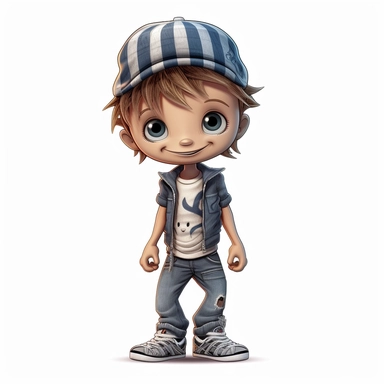 little boy doll style smiling, thin black contour lines, jeans, sneakers, striped hat, ruffled hair, skateboarding, cartoon, clipart, cute eyes, illustration for kids, disney