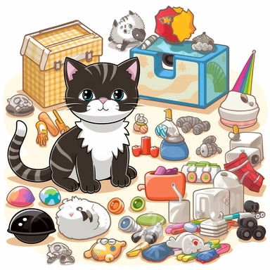 Endearing kitten clipart, displaying an array of adorable kittens in playful and curious poses, accompanied by various cat toys and accessories in the style of hiroshi nagai