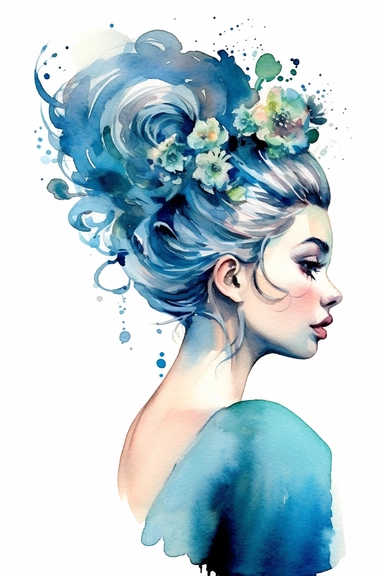 a cute cartoon pretty young Girl with a high blue colored bun and roses sparkling around her profile, long curly hair with mini flowers in head, portrait, daydreaming expression in watercolor form, sarah kay and holly hobbies, clipart, watercolor, smiling, on a white background, daydreaming expression in watercolor form