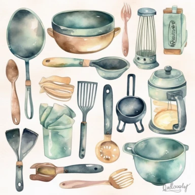 Create a watercolor clipart set of kitchen utensils and tools, including knives, spatulas, ladles, and measuring cups. Use pastel colors and subtle shading to give the images a soft, elegant look, white background