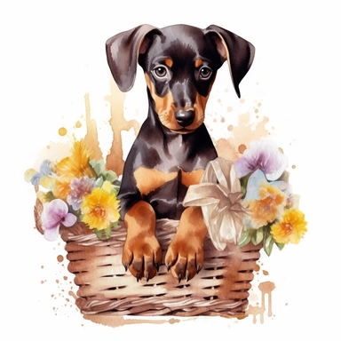 clipart watercolor, very cute brown Doberman puppy, sitting in a basket with flowers and chocolate, full body, childlike, free brushwork, white background, high solution