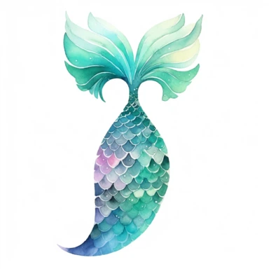 create a stunning watercolor mermaid tail for clipart. the image should be beautiful pastel colors. the image is just of the tail and fins. create the image to be just the waist down to the fins. it should look like a realistic mermaid tail. the top part should should be watercolor splatter