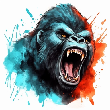 Angry Gorilla Watercolor Clipart: This clipart features an angry gorilla beating its chest. The gorilla's fur is a blend of Steel Teal and Ebony Clay, while its eyes and mouth are depicted in Cinnabar and Sunglow, showing its raw power and aggression.