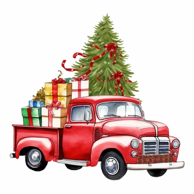 red christmas truck with chrristmas tree and presents clipart, white background