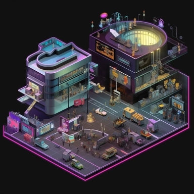 isometric perspective, game sprite, futuristic shopping mall concept, gaming asset, sci-fi, fun, creative, cartoon, clipart, hyper-detailed, black background,
