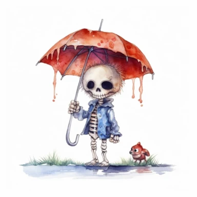 Cute Adorable magical little skeleton holds laterally a umbrella in his hand wears a raincape and stand in the rain on a country road, clipart, photorealistic illustration, watercolor, high detail, 8k polished, 8k, vibrant colors, white background
