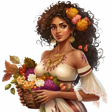 a gorgeous Indian woman, curly hair with ruffles, big basket with flowers in her hand, wool style, luxury, chain of flowers in the background, butterflies, dandelions, vibrant colors, dressed in several dresses, white background, clipart