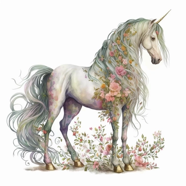 watercolor illustration of a elegance unicorn with long hair and floral clipart, pastel rainbow color, full body, hyper realism, 8k, on a white background