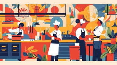 clipart of a scene of a kitchen staff working together in a restaurant kitchen, Alegria style, corporate memphis style, flat art, bold colors, upbeat, happy, friendly, high resolution, 8k