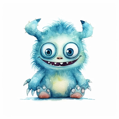 watercolour illustration, cute baby monster, big eyes, smiling, pastel, pale blue, aquarrellist, clipart, isolated, white background,