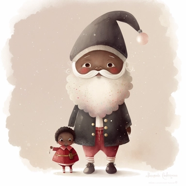 A watercolor painting of a cute black skin Santa Claus , father Christmas, full body image, cute detailed digital art, inspired by nicoletta ceccoli, by Kubisi art, whimsical and cute, by nicoletta ceccoli, cute detailed artwork, glimmering, adorable and whimsical, whimsical art, Clipart style, png style, svg style, blank white background, a solid white background