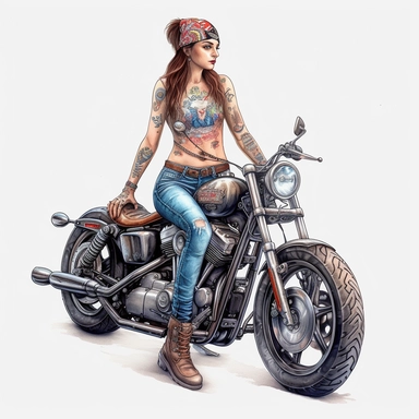 cute [Heavily tatted biker chick pixie fairy Harley davidson ] , hyper-realistic watercolor illustration, 3d, 8k high definition, highly detailed, masterpiece, clip art, white background