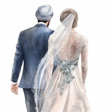 Watercolour of a bride and groom from behind , Clipart,Cartoon,hyper realistic, intricate detail, illustration style,high resolution, isolated on a white background
