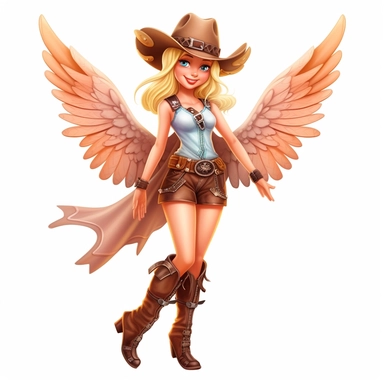 a beautiful fairy, cowgirl with boots and cowboy hat, cartoon, big wings, clipart, white background