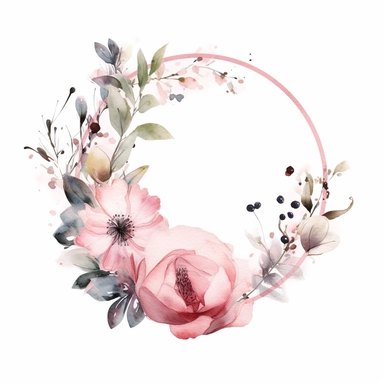 half a circle, minimal, pale pink watercolor flowers, wedding invite, clipart, white background, half circle