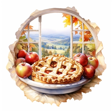 watercolor, hyper realistic, white background, white margins, 16k, ultra detailed clipart, cut out image, hand-drawn an apple pie cooling on a windowsill, surrounded by a picturesque apple orchard in the background, representing the fruits of autumn baking.