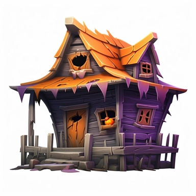 3D symmetrical hut, hovel, game clipart asset front-facing front profile view, a cartoon creepy ruined hut, hovel, eerie atmosphere, haunted, evil, disney animation, cartoonish chaos, goblin academia, green purple orange black scheme pallete, accurate and detailed, orthographic perpsective, past epoch, Unreal Engine, neutral background.