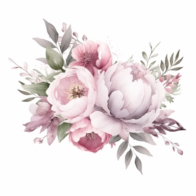 dusty pink peony arrangement watercolor, white simple background, modern STYLE, fairy style, muted color, watercolor touch, A dusty pink and white floral premade border, with elements of leaves, wildflowers and silver dollar leaves,, elegant, light, airy, fresh, classy, modern, minimalist design, no borders, Watercolor Flowers Clipart, airy dreamy pale, horizontal Premade border v 4 ar 19:16
