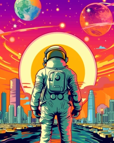 vector Artwork for t-shirt graphic of majestic vibrant color magnificent astronaut with planets and solar system in the Back with a starting Rocket from the ground add a vibrant sun setting over a futuristic City, with a soft pink sky and a hint of orange in the horizon colorful shades Centered highly detailed clean photorealistic masterpiece, professional photography, realistic, isometric, vibrant vector, clipart, illustration, realism, 4k, surrealism, cinematic, front view, isolated on a white