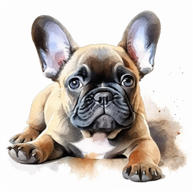 french bulldog puppy lying down, watercolor illustration, clipart, full body, hyper-realistic animal illustration, childlike, free brushwork, white background